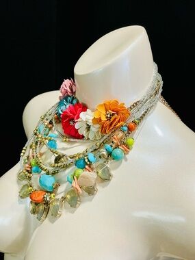 Multicolor Natural Spring Fabric Floral Beaded Multi Layered Statement Necklace